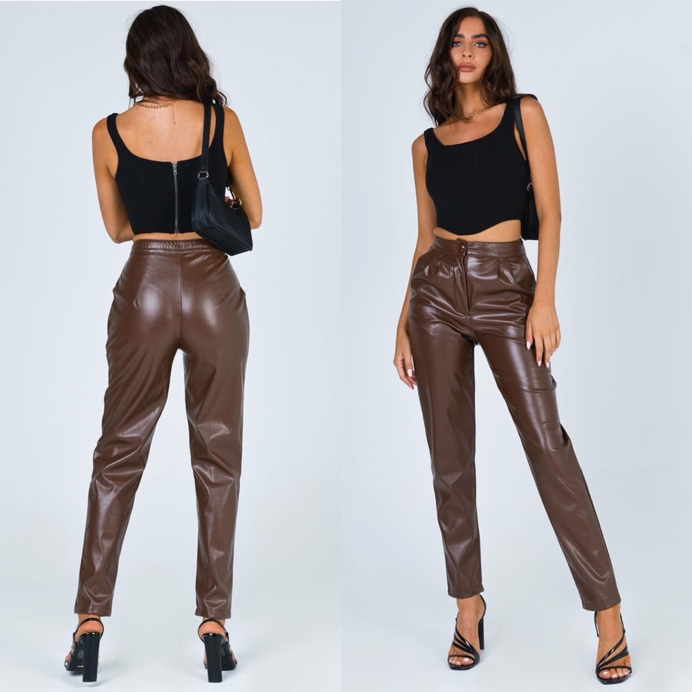 Princess Polly Love Club Women’s Pants Size 2 Brown Vegan Leather High Waist